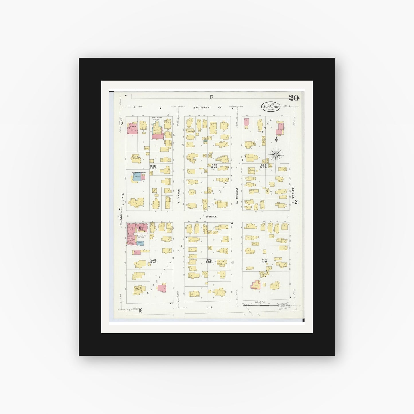 Old map wall art mockup — black gallery frame with white mat — Sanborn Fire Insurance Map from Ann Arbor, Washtenaw County, Michigan (1908), Sheet #0020