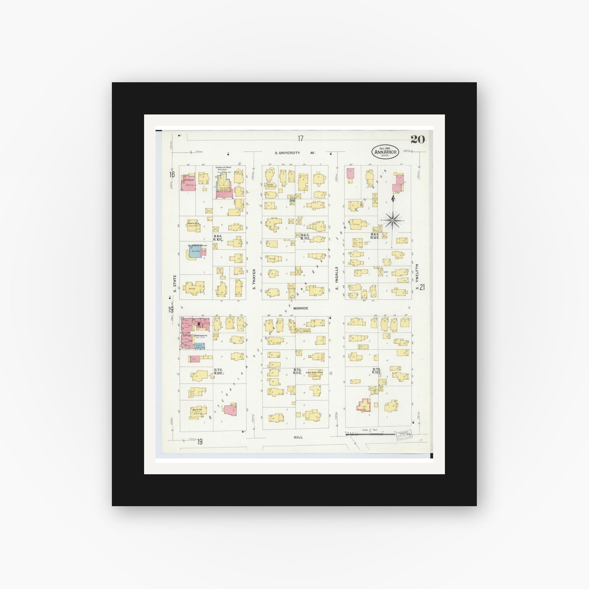 Old map wall art mockup — black gallery frame with white mat — Sanborn Fire Insurance Map from Ann Arbor, Washtenaw County, Michigan (1908), Sheet #0020