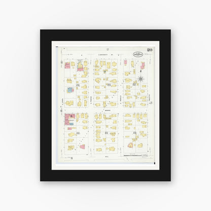 Old map wall art mockup — black gallery frame with white mat — Sanborn Fire Insurance Map from Ann Arbor, Washtenaw County, Michigan (1908), Sheet #0020