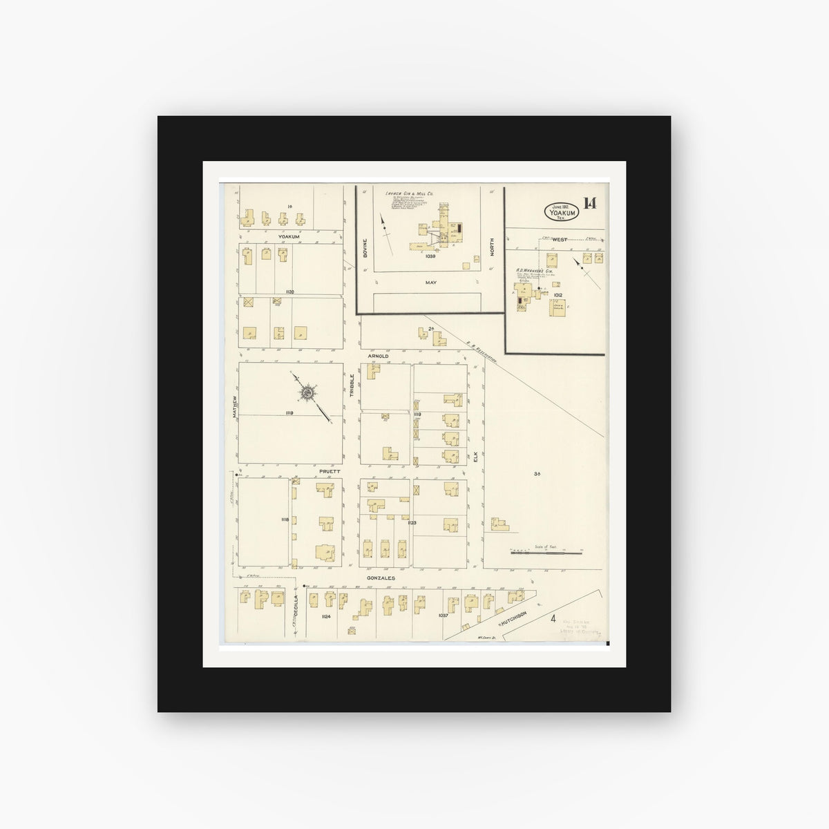 Old map wall art mockup — black gallery frame with white mat — Sanborn Fire Insurance Map from Yoakum, De Witt And Lavaca Counties, Texas (1912), Sheet #0014