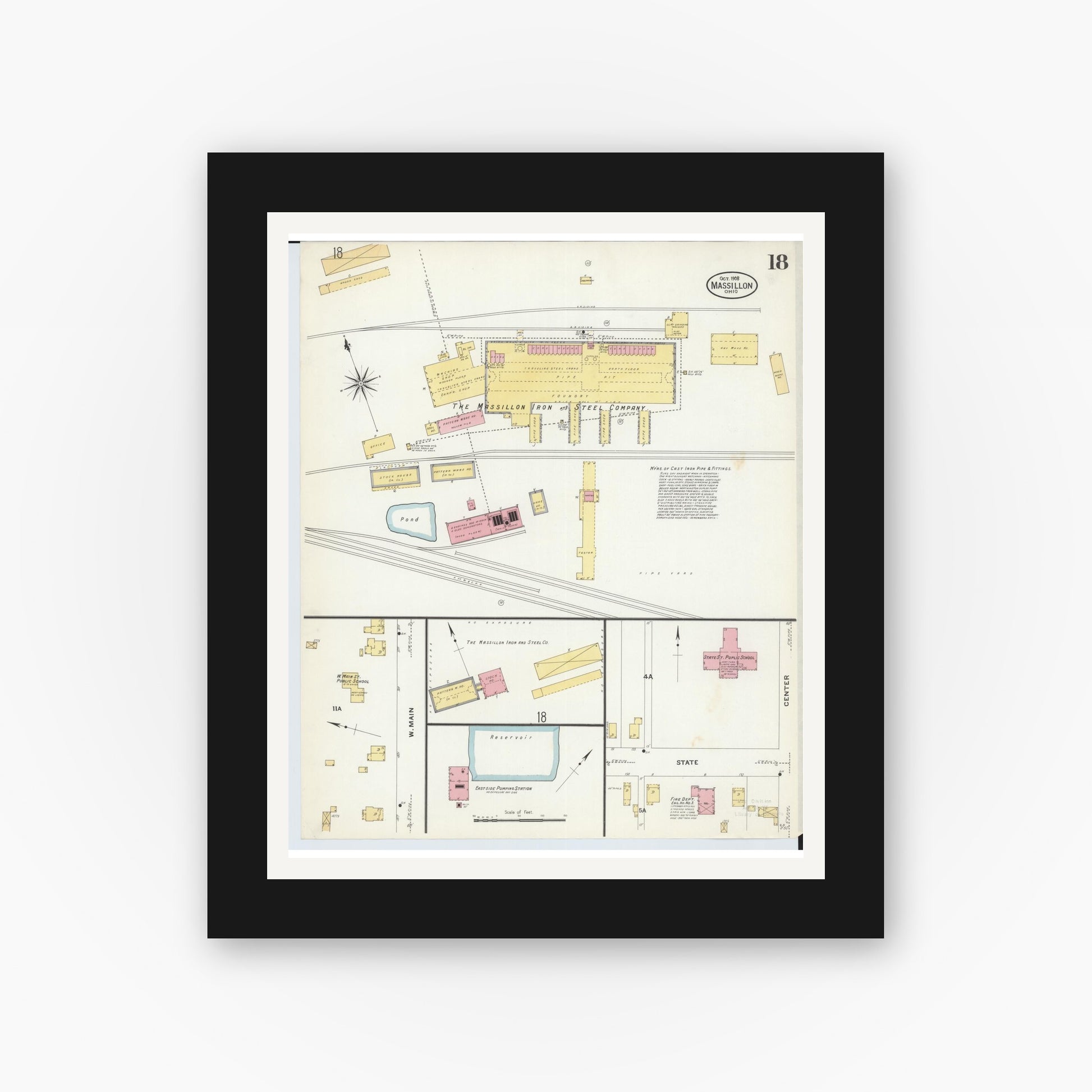 Old map wall art mockup — black gallery frame with white mat — Sanborn Fire Insurance Map from Massillon, Stark County, Ohio (1908), Sheet #0018