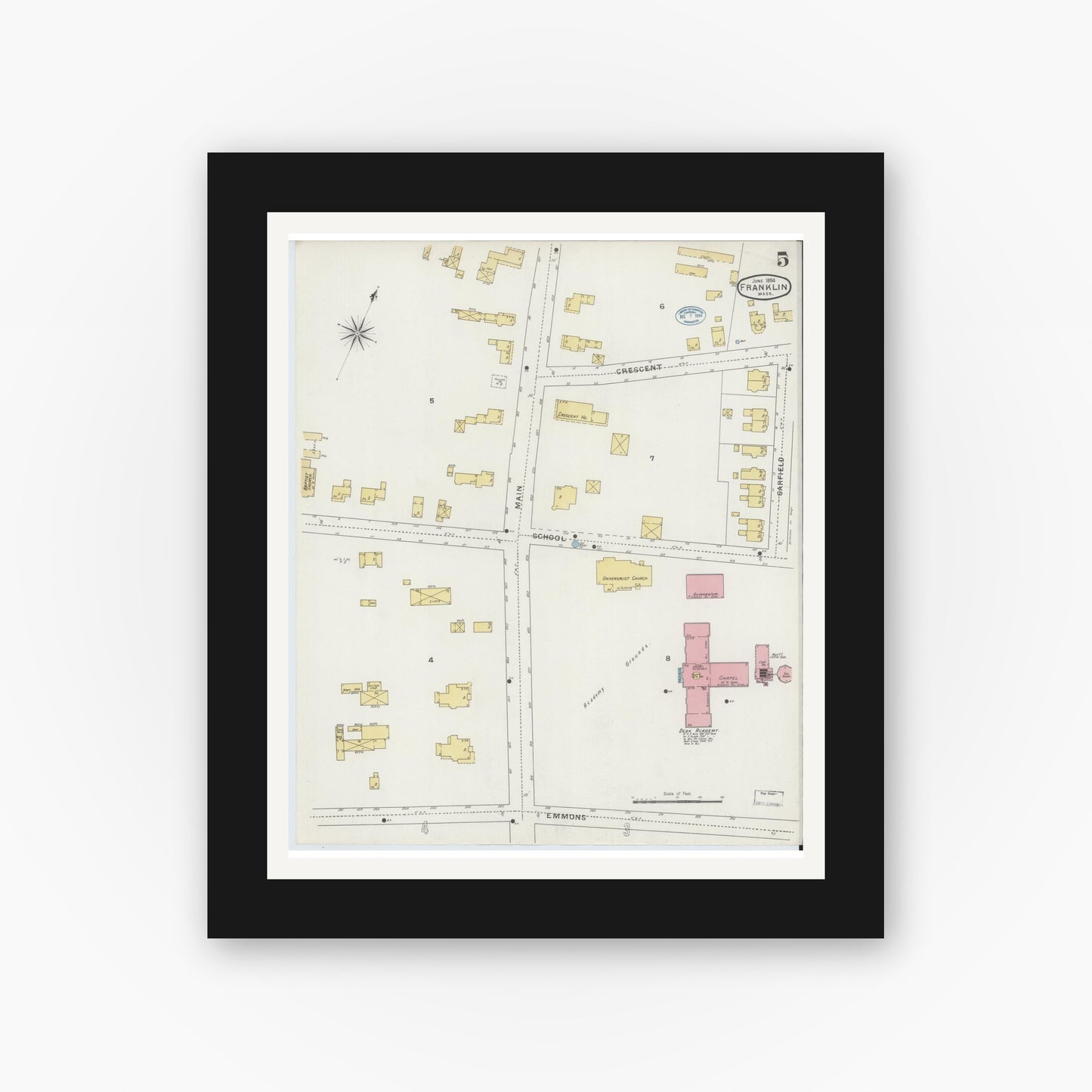 Old map wall art mockup — black gallery frame with white mat — Sanborn Fire Insurance Map from Franklin, Norfolk County, Massachusetts (1894), Sheet #0005