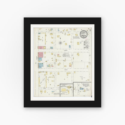 Old map wall art mockup — black gallery frame with white mat — Sanborn Fire Insurance Map from Comanche, Comanche County, Texas (1896), Sheet #0001