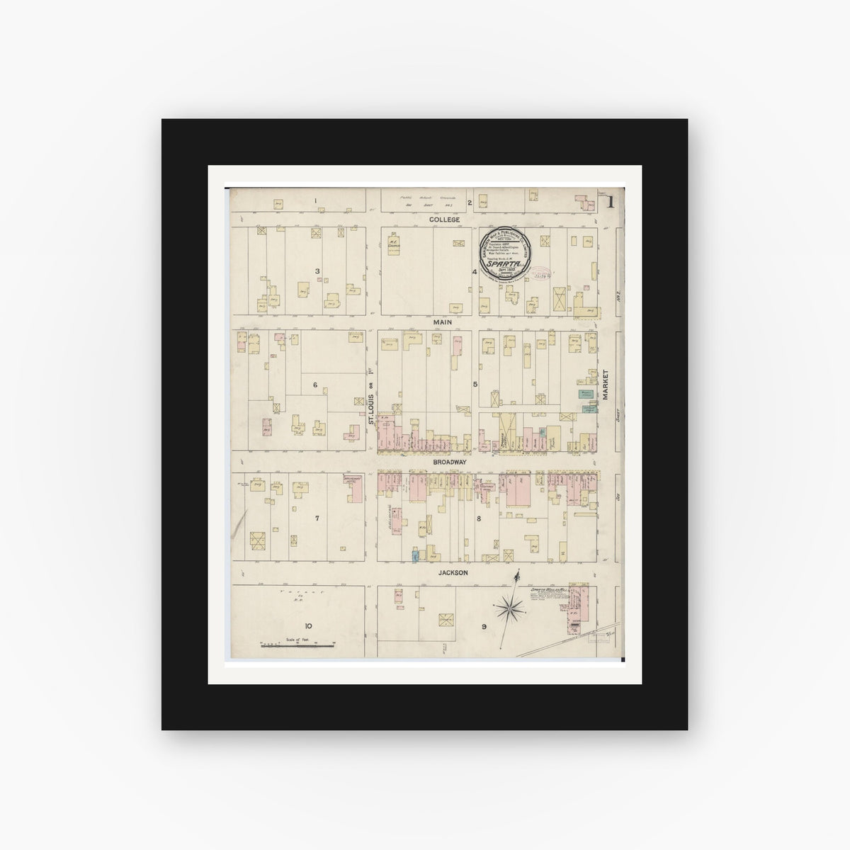 Old map wall art mockup — black gallery frame with white mat — Sanborn Fire Insurance Map from Sparta, Randolph County, Illinois (1889) - Complete Map Set