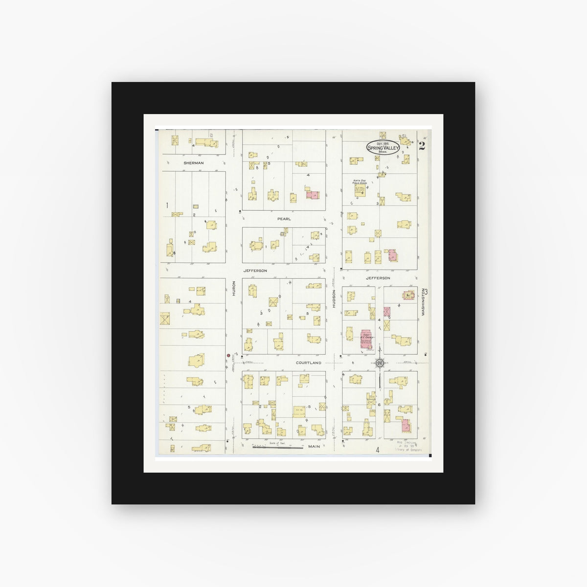Old map wall art mockup — black gallery frame with white mat — Sanborn Fire Insurance Map from Spring Valley, Fillmore County, Minnesota (1915), Sheet #0002