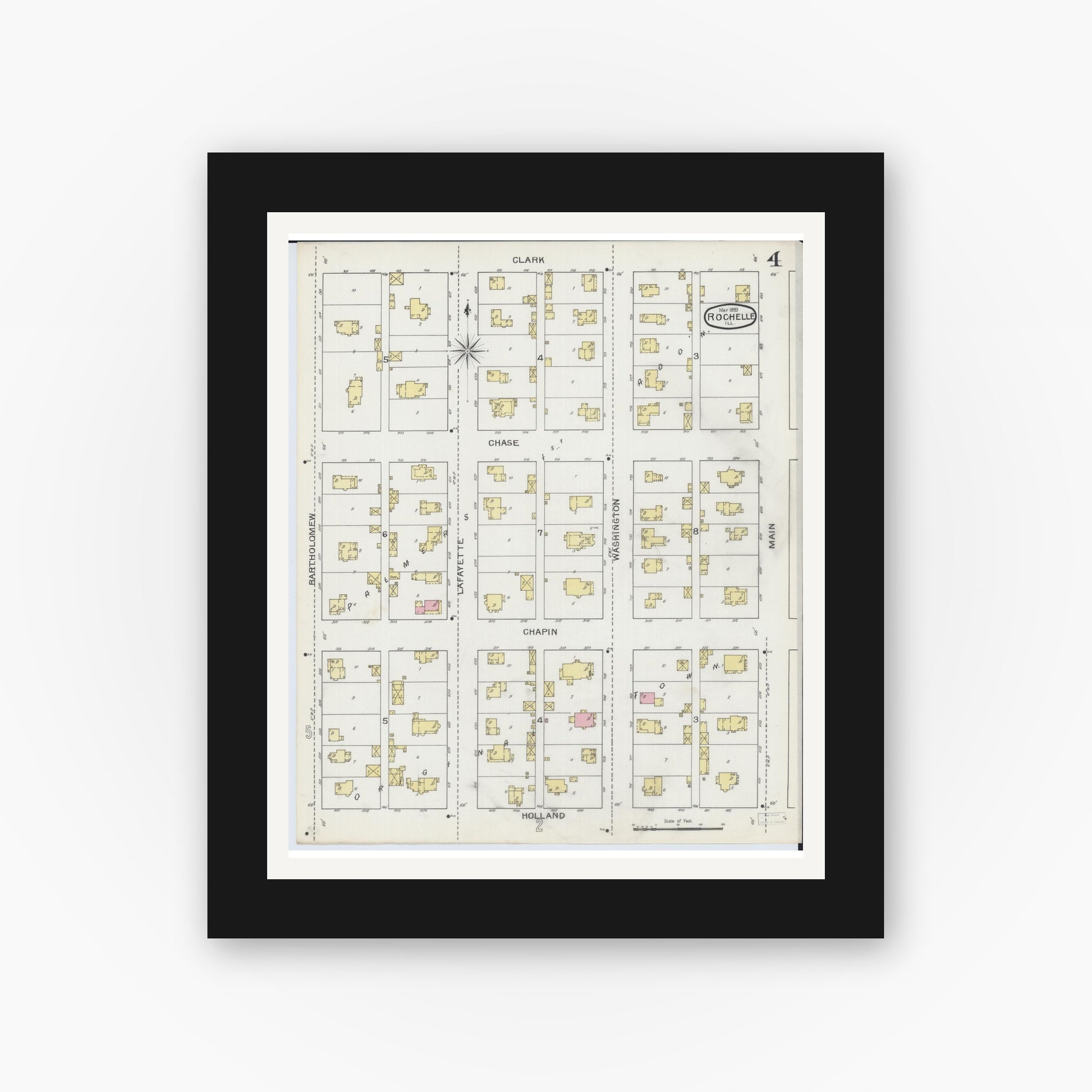 Old map wall art mockup — black gallery frame with white mat — Sanborn Fire Insurance Map from Rochelle, Ogle County, Illinois (1893), Sheet #0004