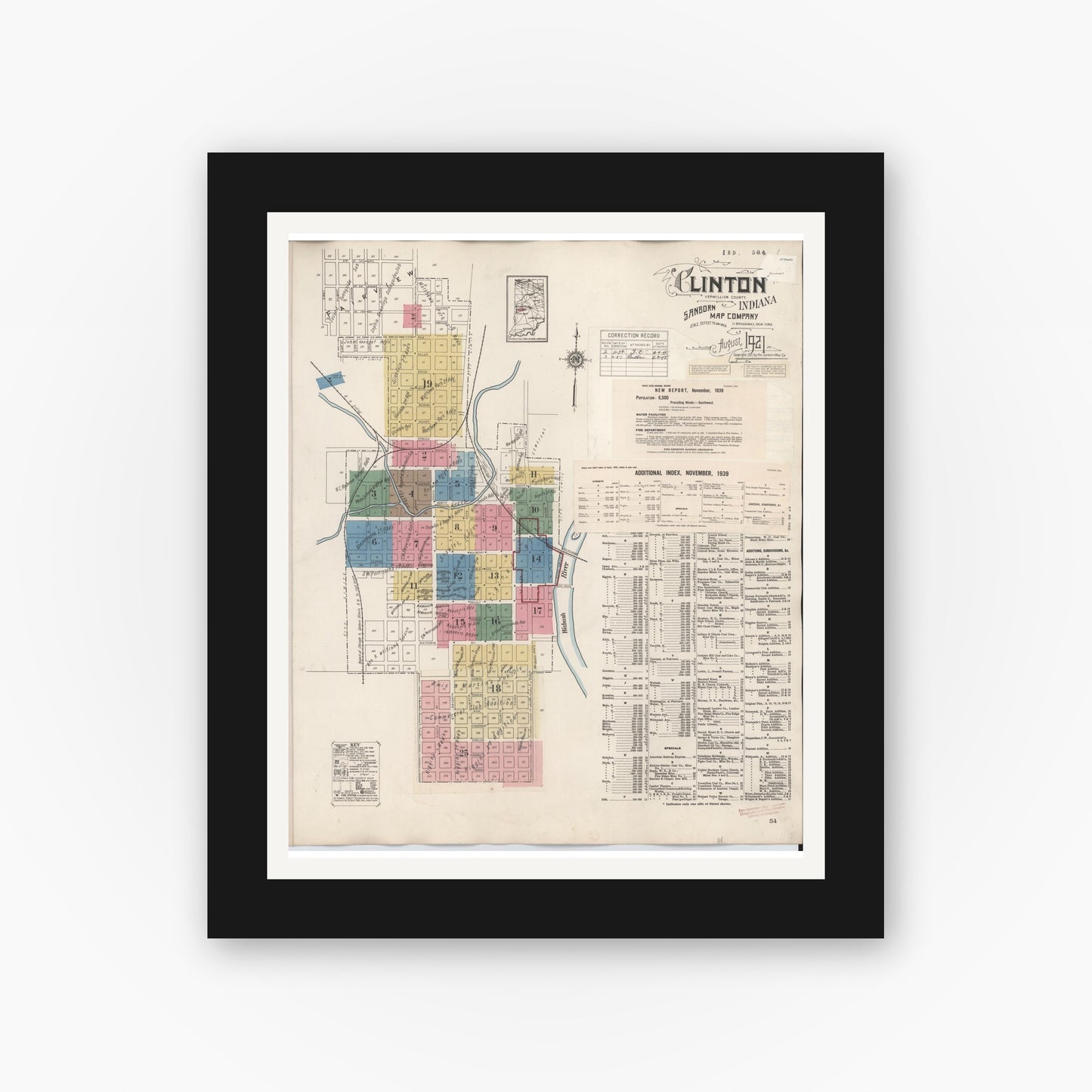 Old map wall art mockup — black gallery frame with white mat — Sanborn Fire Insurance Map from Clinton, Vermillion County, Indiana (1947), Sheet #0001