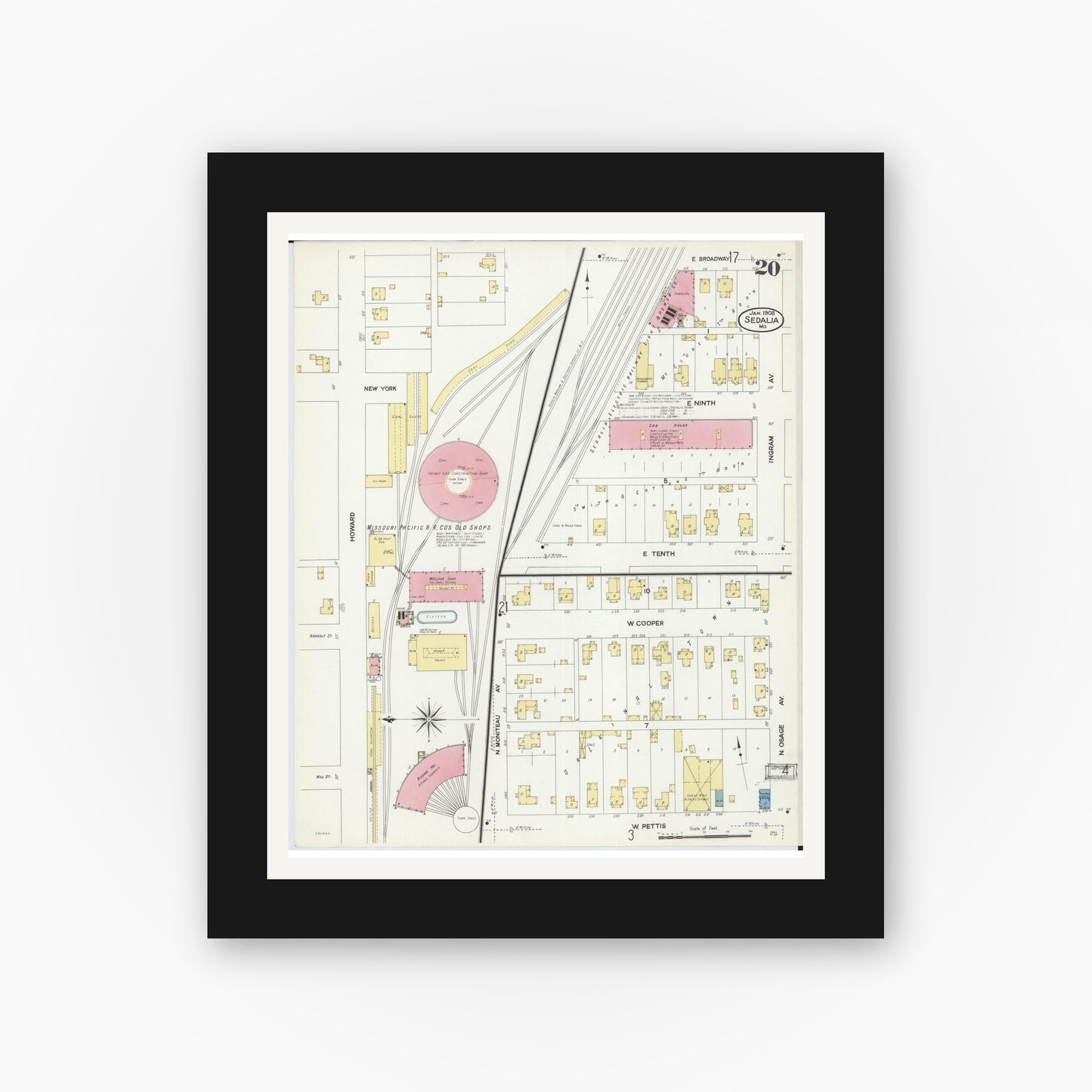 Old map wall art mockup — black gallery frame with white mat — Sanborn Fire Insurance Map from Sedalia, Pettis County, Missouri (1908), Sheet #0020
