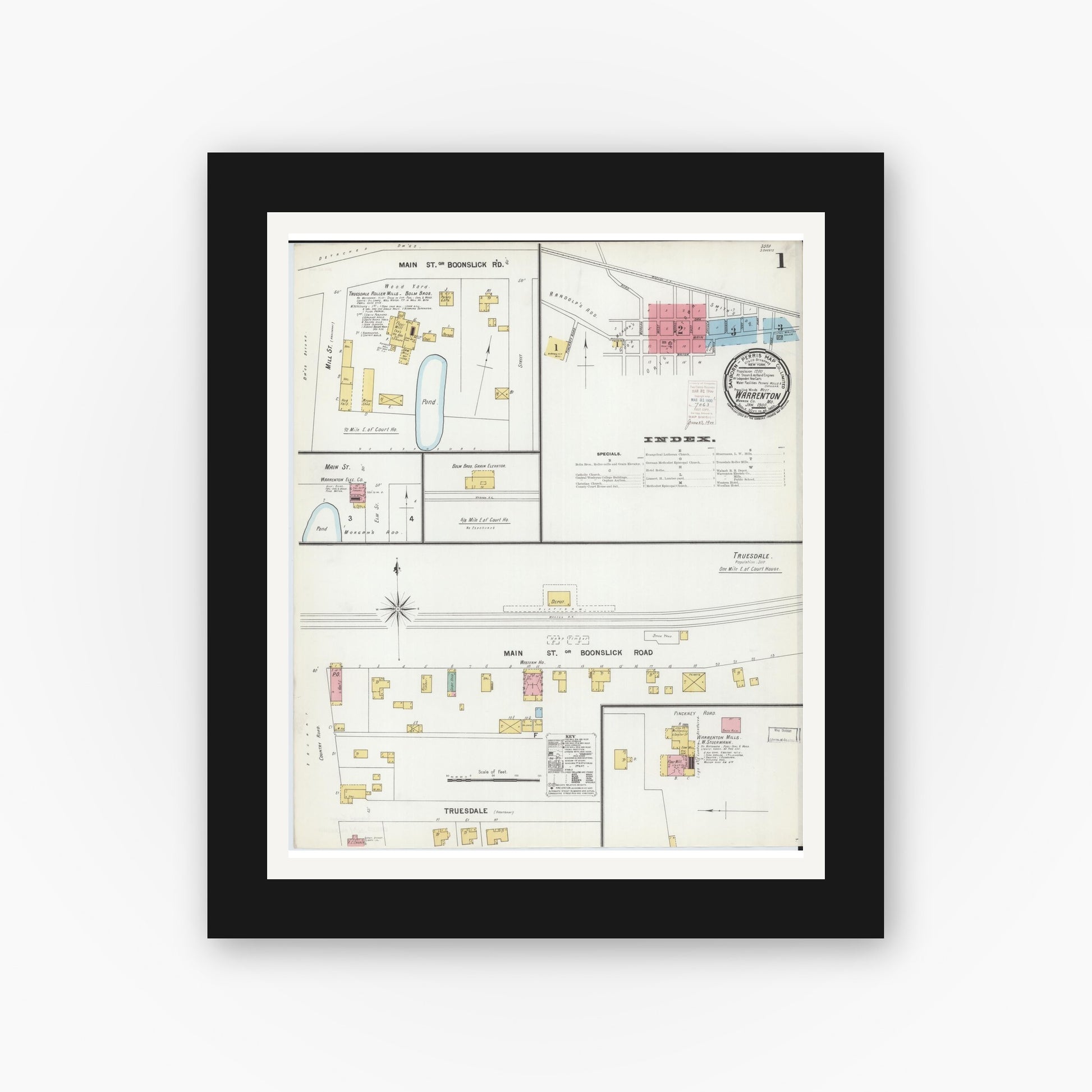 Old map wall art mockup — black gallery frame with white mat — Sanborn Fire Insurance Map from Warrenton, Warren County, Missouri (1900) - Complete Map Set