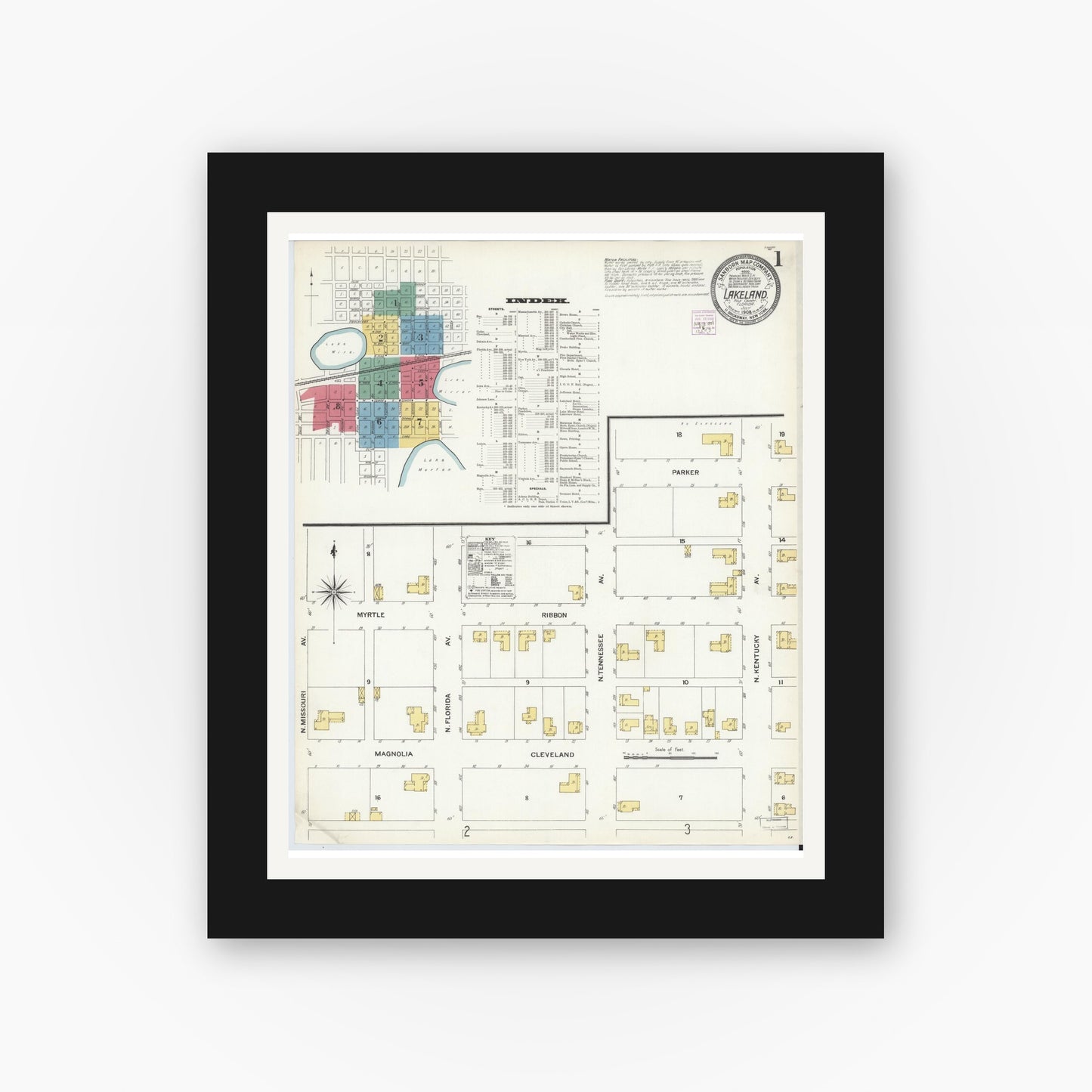 Old map wall art mockup — black gallery frame with white mat — Sanborn Fire Insurance Map from Lakeland, Polk County, Florida (1908), Sheet #0001