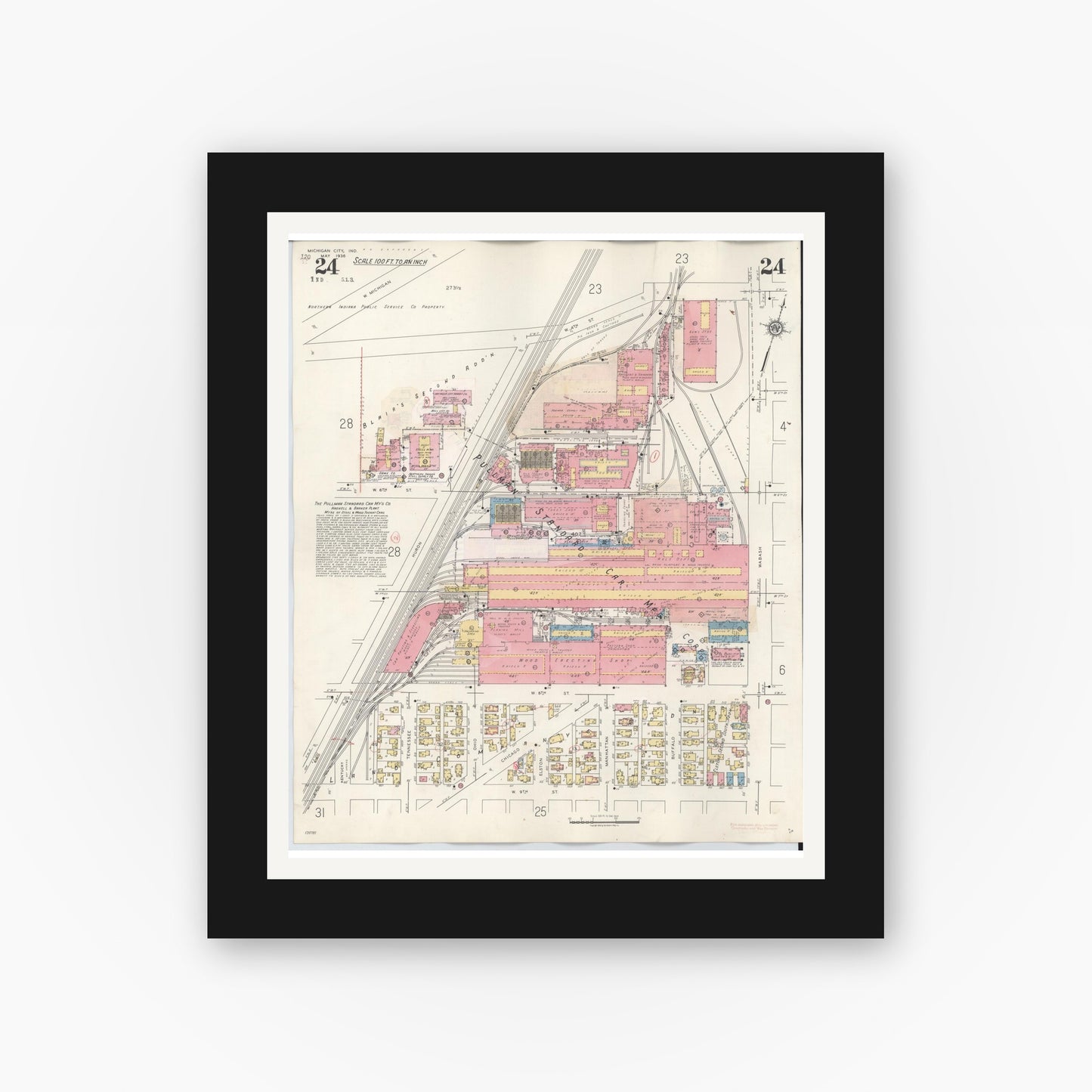 Old map wall art mockup — black gallery frame with white mat — Sanborn Fire Insurance Map from Michigan City, La Porte County, Indiana (1948), Sheet #0024