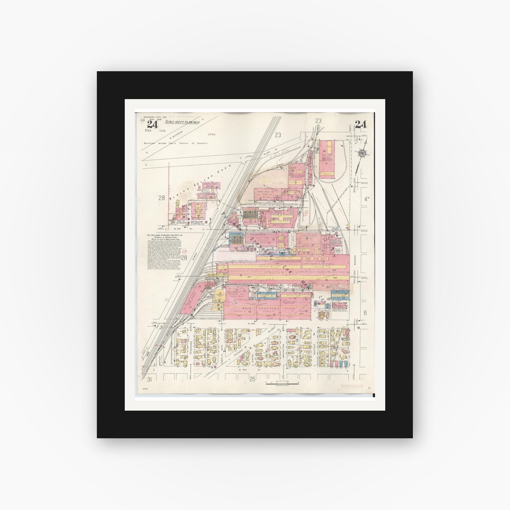 Old map wall art mockup — black gallery frame with white mat — Sanborn Fire Insurance Map from Michigan City, La Porte County, Indiana (1948), Sheet #0024