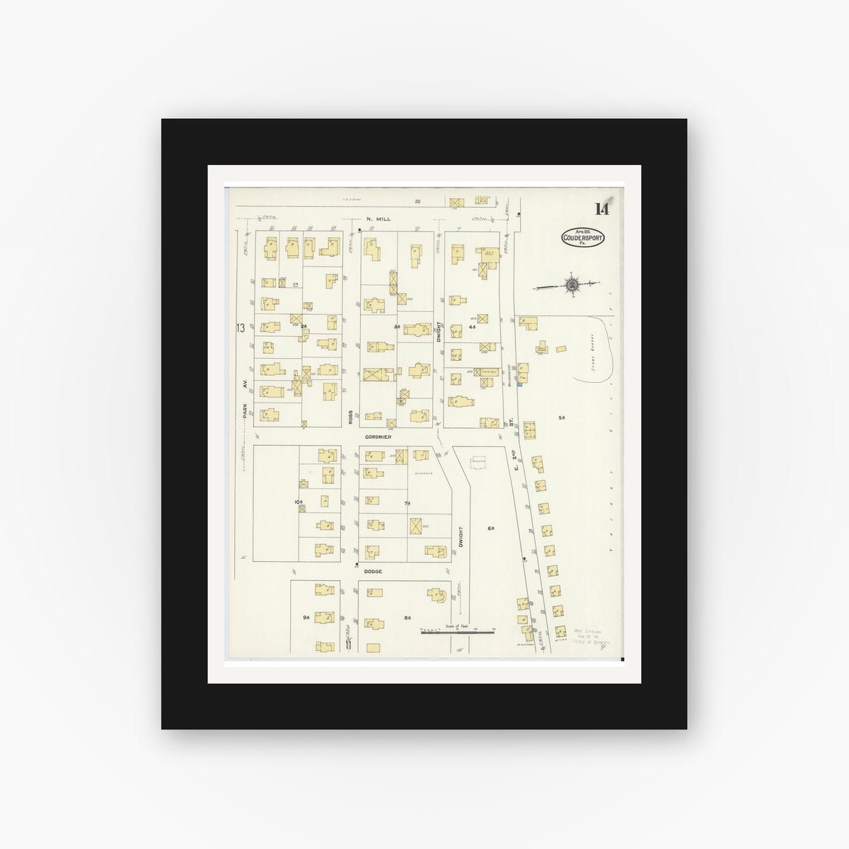 Old map wall art mockup — black gallery frame with white mat — Sanborn Fire Insurance Map from Coudersport, Potter County, Pennsylvania (1911), Sheet #0014