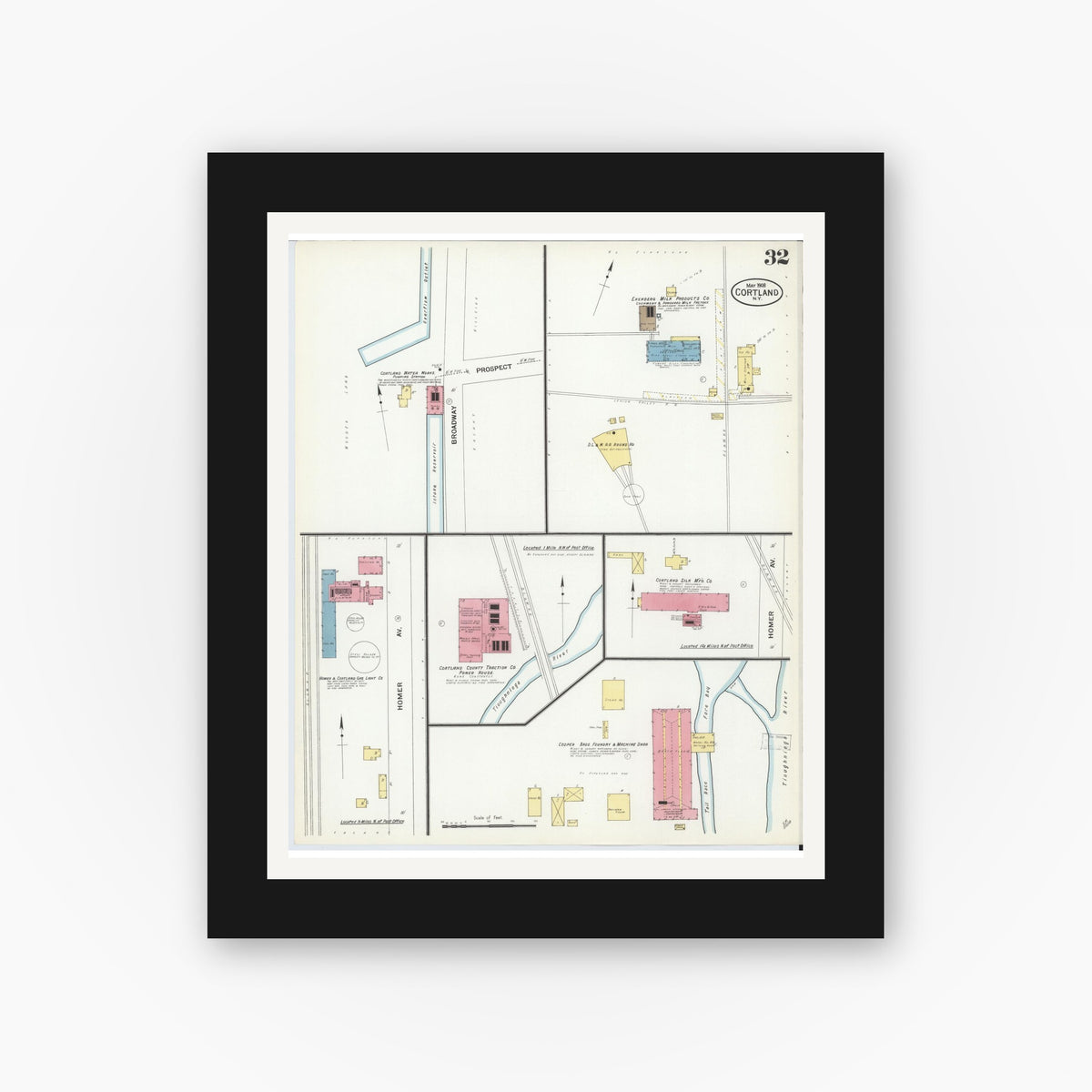 Old map wall art mockup — black gallery frame with white mat — Sanborn Fire Insurance Map from Cortland, Cortland County, New York (1908), Sheet #0032