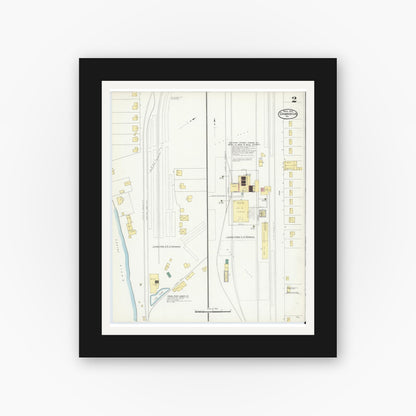 Old map wall art mockup — black gallery frame with white mat — Sanborn Fire Insurance Map from Damascus, Washington County, Virginia (1908), Sheet #0002