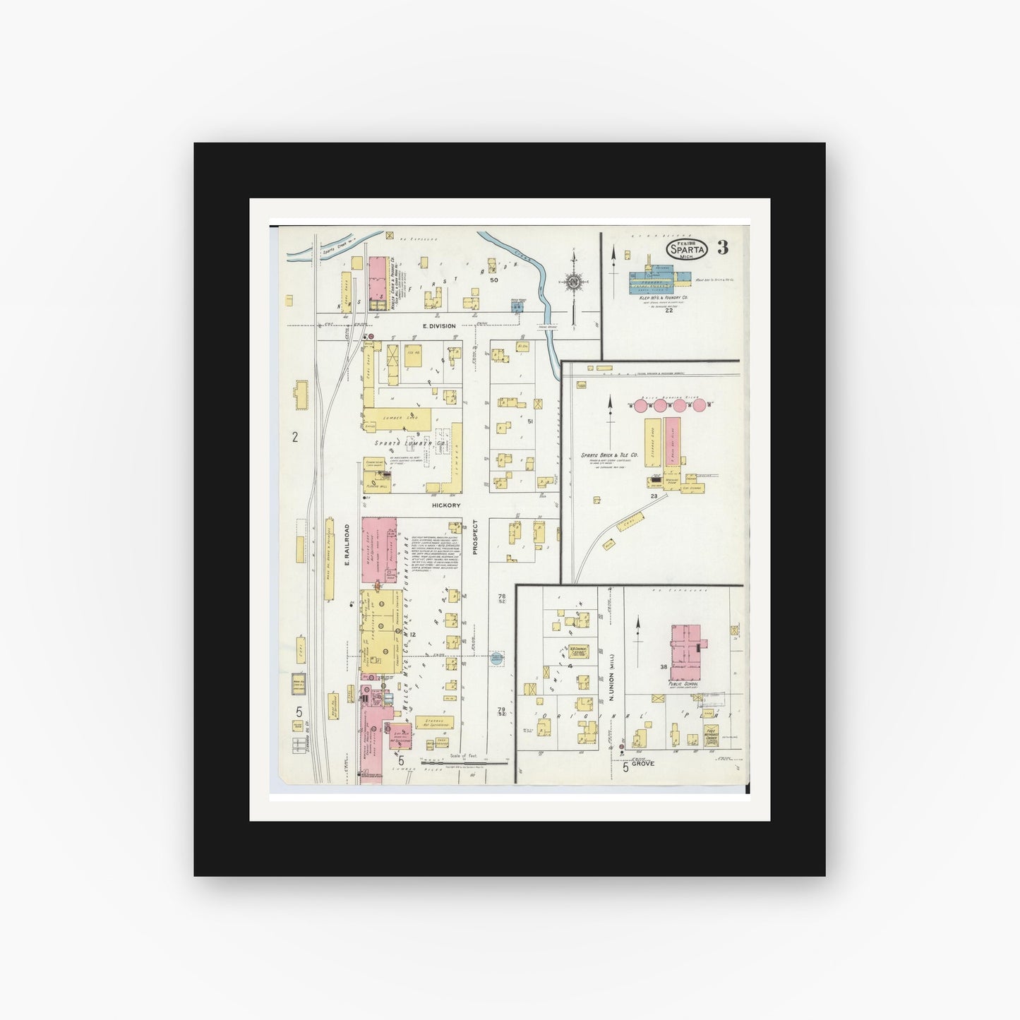 Old map wall art mockup — black gallery frame with white mat — Sanborn Fire Insurance Map from Sparta, Kent County, Michigan (1918), Sheet #0003
