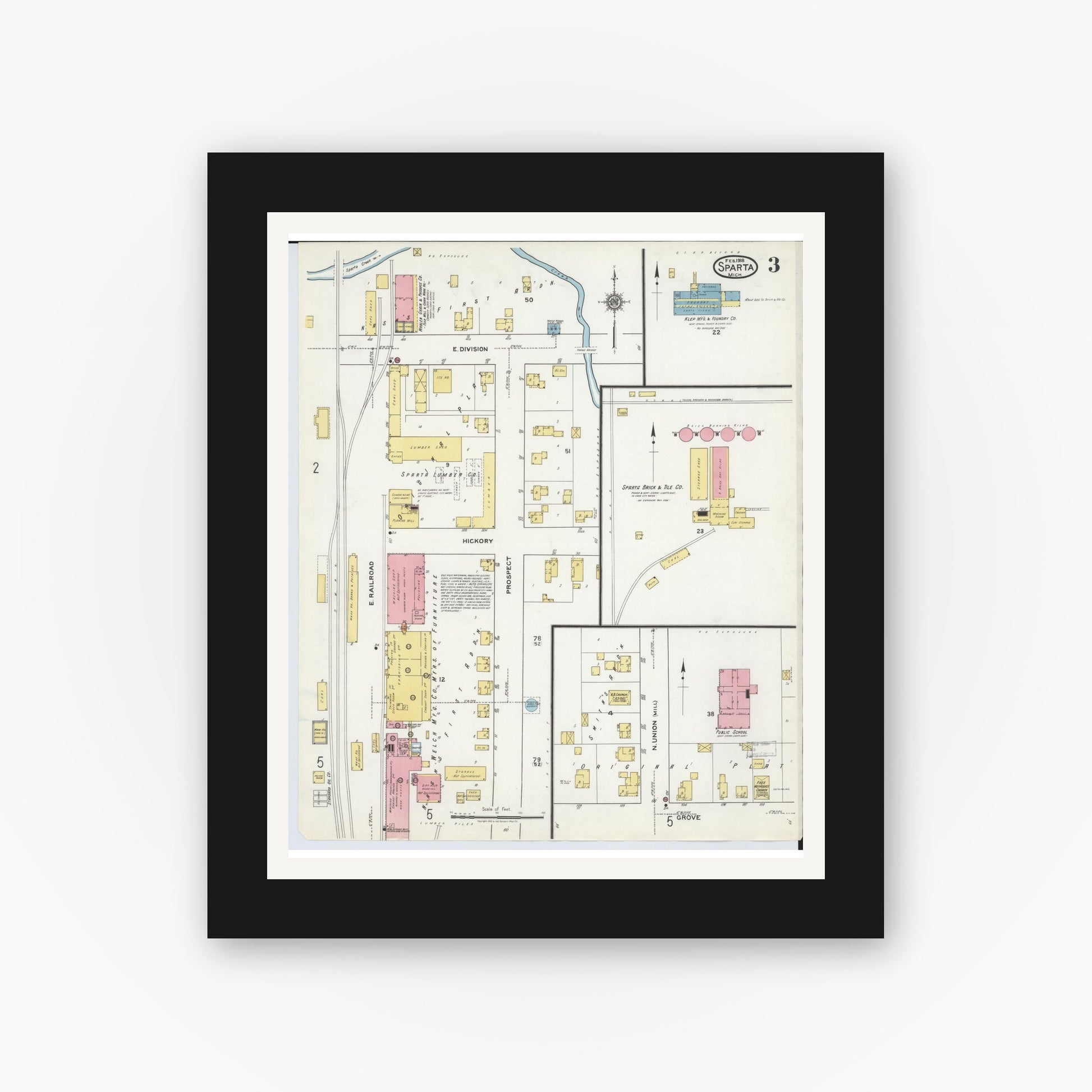 Old map wall art mockup — black gallery frame with white mat — Sanborn Fire Insurance Map from Sparta, Kent County, Michigan (1918), Sheet #0003