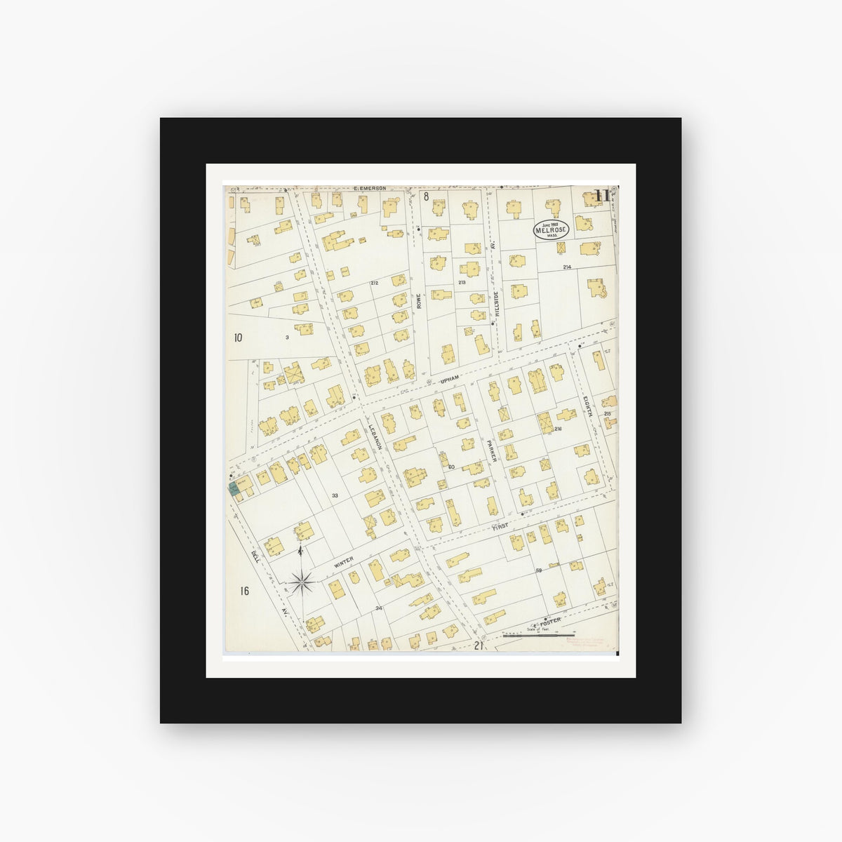 Old map wall art mockup — black gallery frame with white mat — Sanborn Fire Insurance Map from Melrose, Middlesex County, Massachusetts (1903), Sheet #0011