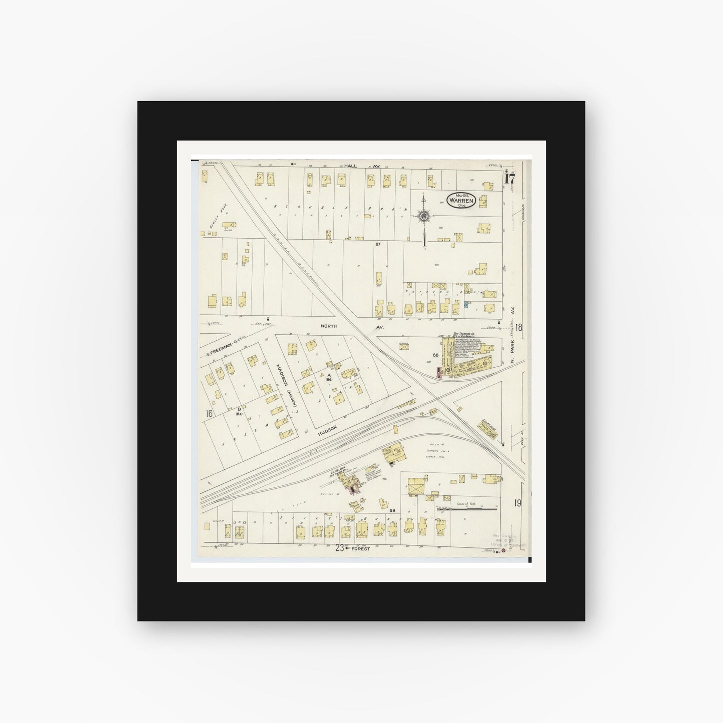 Old map wall art mockup — black gallery frame with white mat — Sanborn Fire Insurance Map from Warren, Trumbull County, Ohio (1915), Sheet #0017