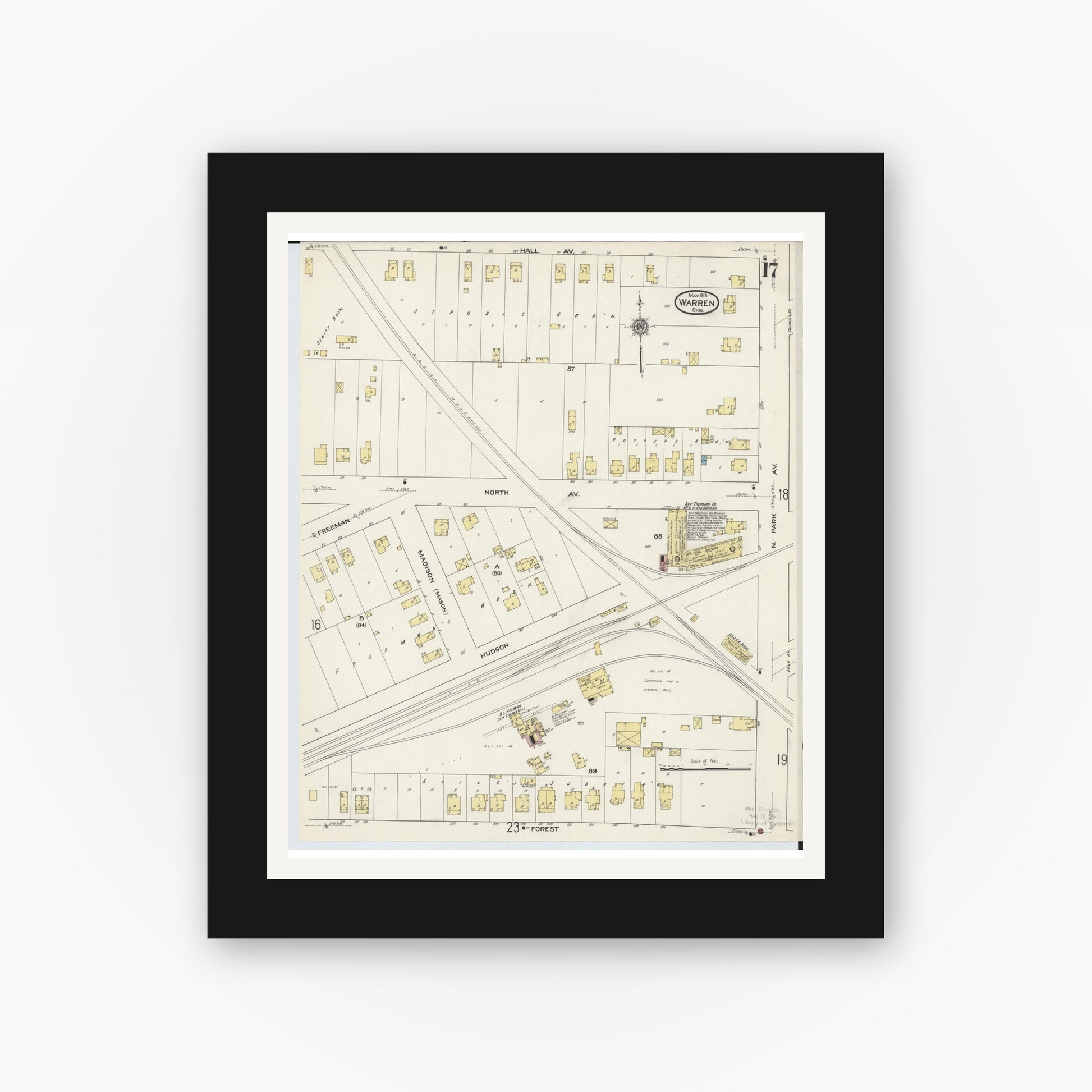 Old map wall art mockup — black gallery frame with white mat — Sanborn Fire Insurance Map from Warren, Trumbull County, Ohio (1915), Sheet #0017