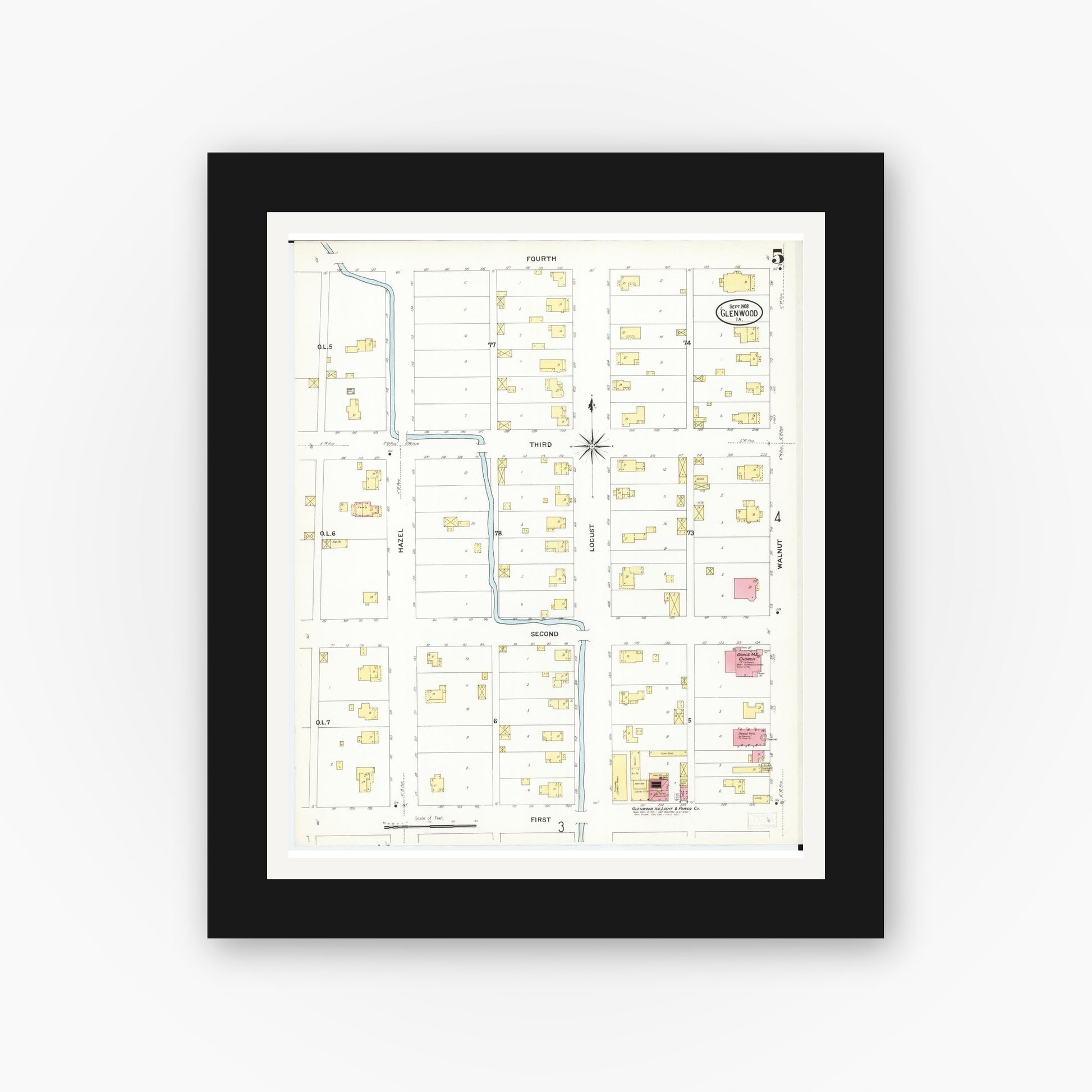Old map wall art mockup — black gallery frame with white mat — Sanborn Fire Insurance Map from Glenwood, Mills County, Iowa (1908), Sheet #0005