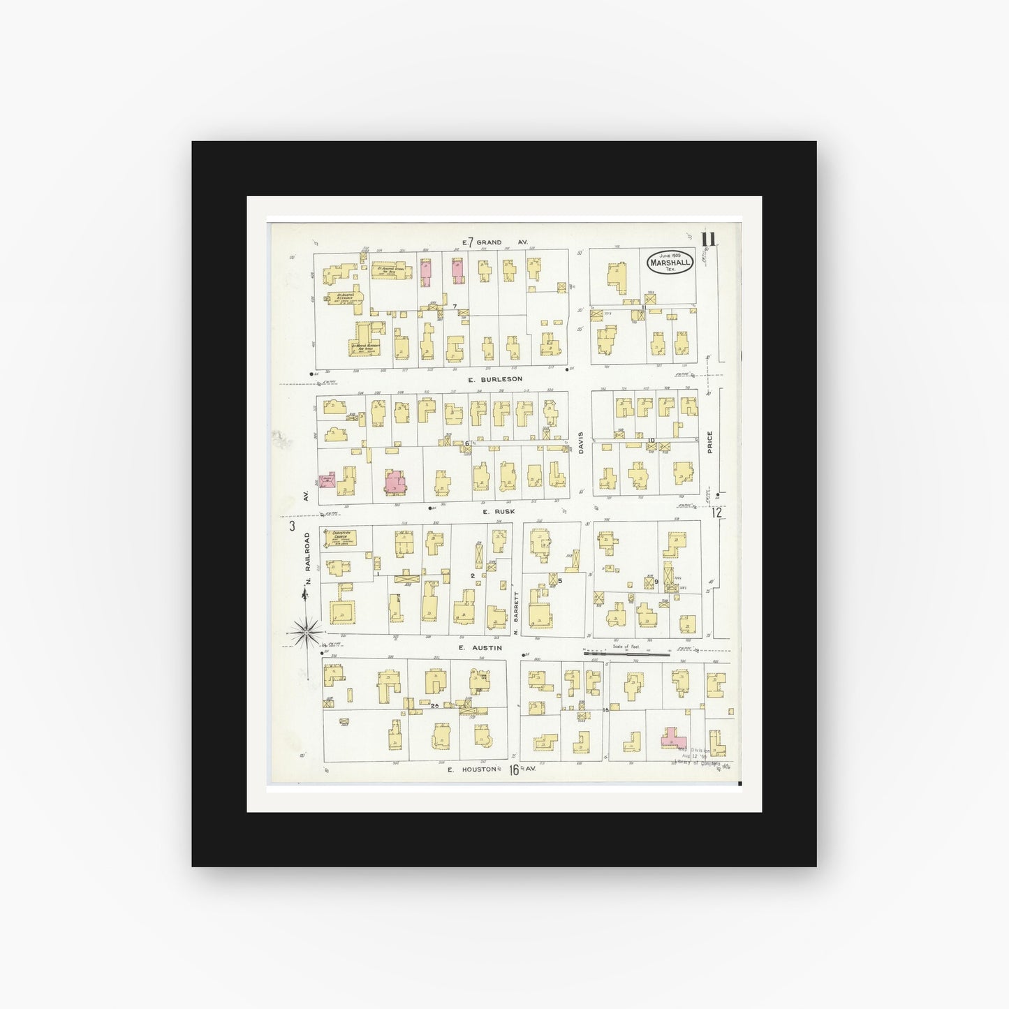 Old map wall art mockup — black gallery frame with white mat — Sanborn Fire Insurance Map from Marshall, Harrison County, Texas (1909), Sheet #0011