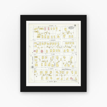 Old map wall art mockup — black gallery frame with white mat — Sanborn Fire Insurance Map from Marshall, Harrison County, Texas (1909), Sheet #0011