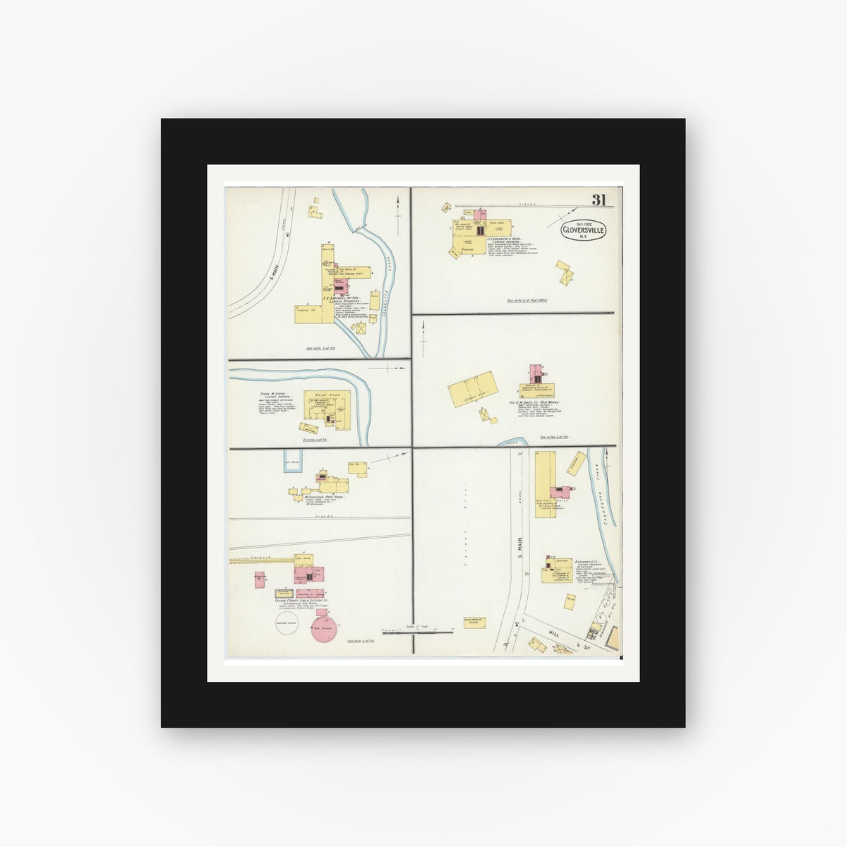 Old map wall art mockup — black gallery frame with white mat — Sanborn Fire Insurance Map from Gloversville, Fulton County, New York (1902), Sheet #0031