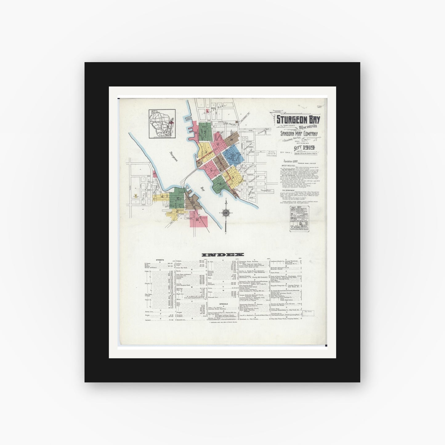 Old map wall art mockup — black gallery frame with white mat — Sanborn Fire Insurance Map from Sturgeon Bay, Door County, Wisconsin (1919) - Complete Map Set