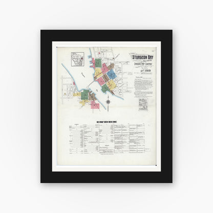 Old map wall art mockup — black gallery frame with white mat — Sanborn Fire Insurance Map from Sturgeon Bay, Door County, Wisconsin (1919) - Complete Map Set