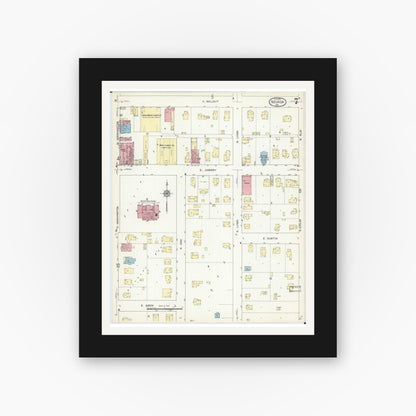 Old map wall art mockup — black gallery frame with white mat — Sanborn Fire Insurance Map from Nevada, Vernon County, Missouri (1914), Sheet #0007