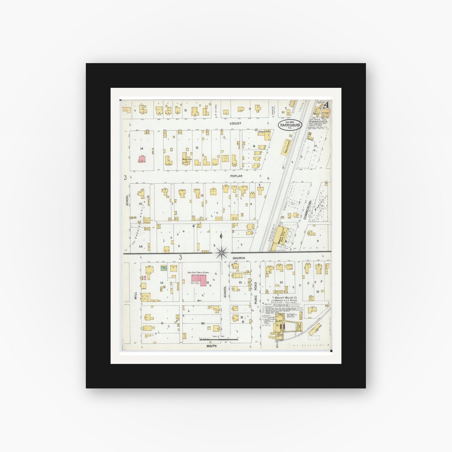 Old map wall art mockup — black gallery frame with white mat — Sanborn Fire Insurance Map from Harrisburg, Saline County, Illinois (1900), Sheet #0004