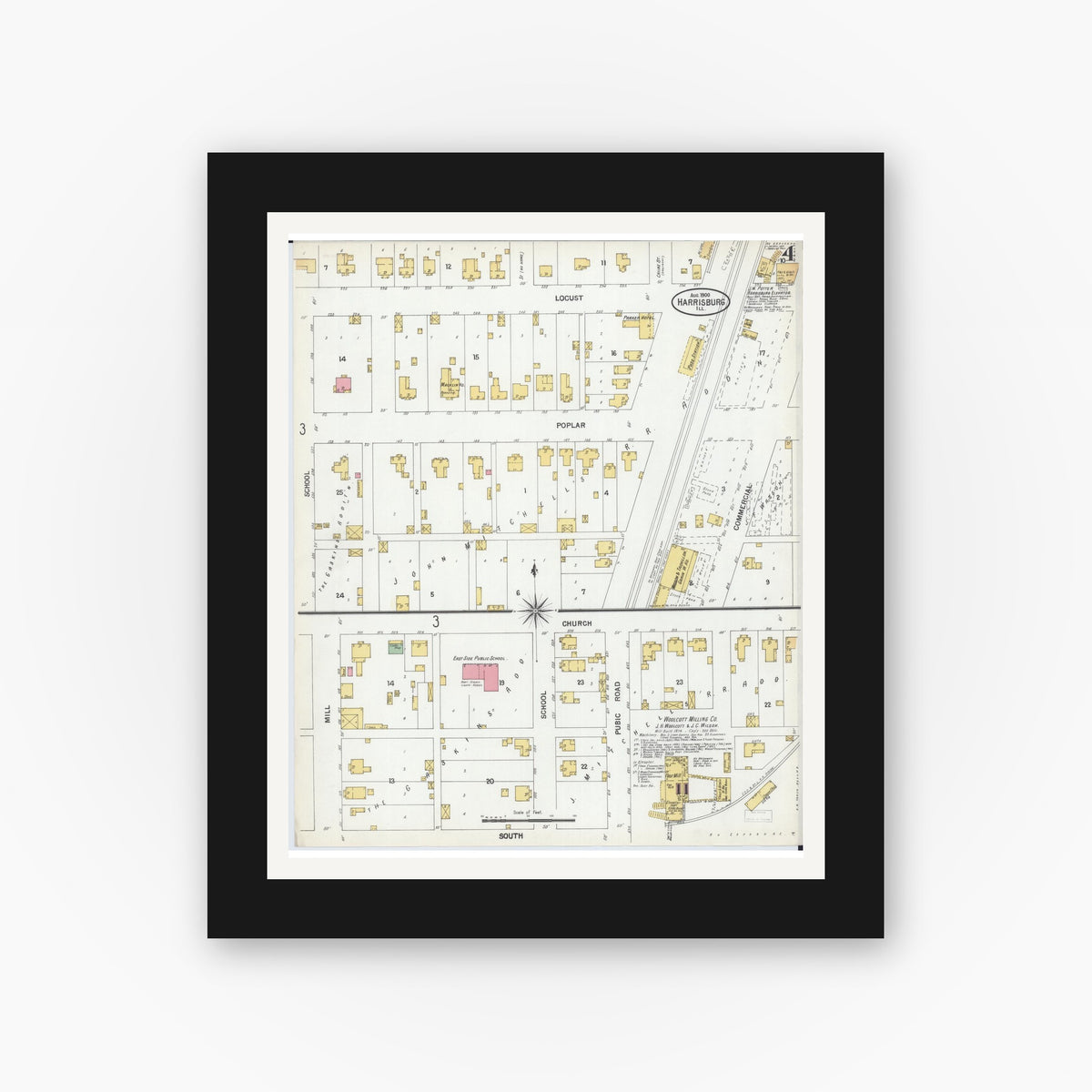 Old map wall art mockup — black gallery frame with white mat — Sanborn Fire Insurance Map from Harrisburg, Saline County, Illinois (1900), Sheet #0004