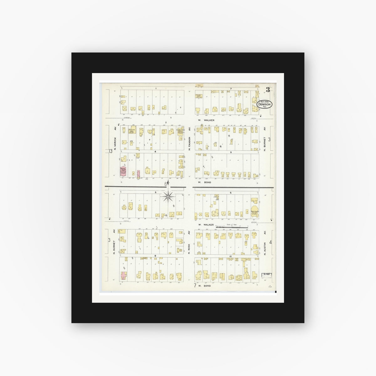 Old map wall art mockup — black gallery frame with white mat — Sanborn Fire Insurance Map from Denison, Grayson County, Texas (1908), Sheet #0003