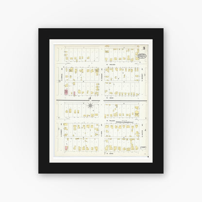 Old map wall art mockup — black gallery frame with white mat — Sanborn Fire Insurance Map from Denison, Grayson County, Texas (1908), Sheet #0003