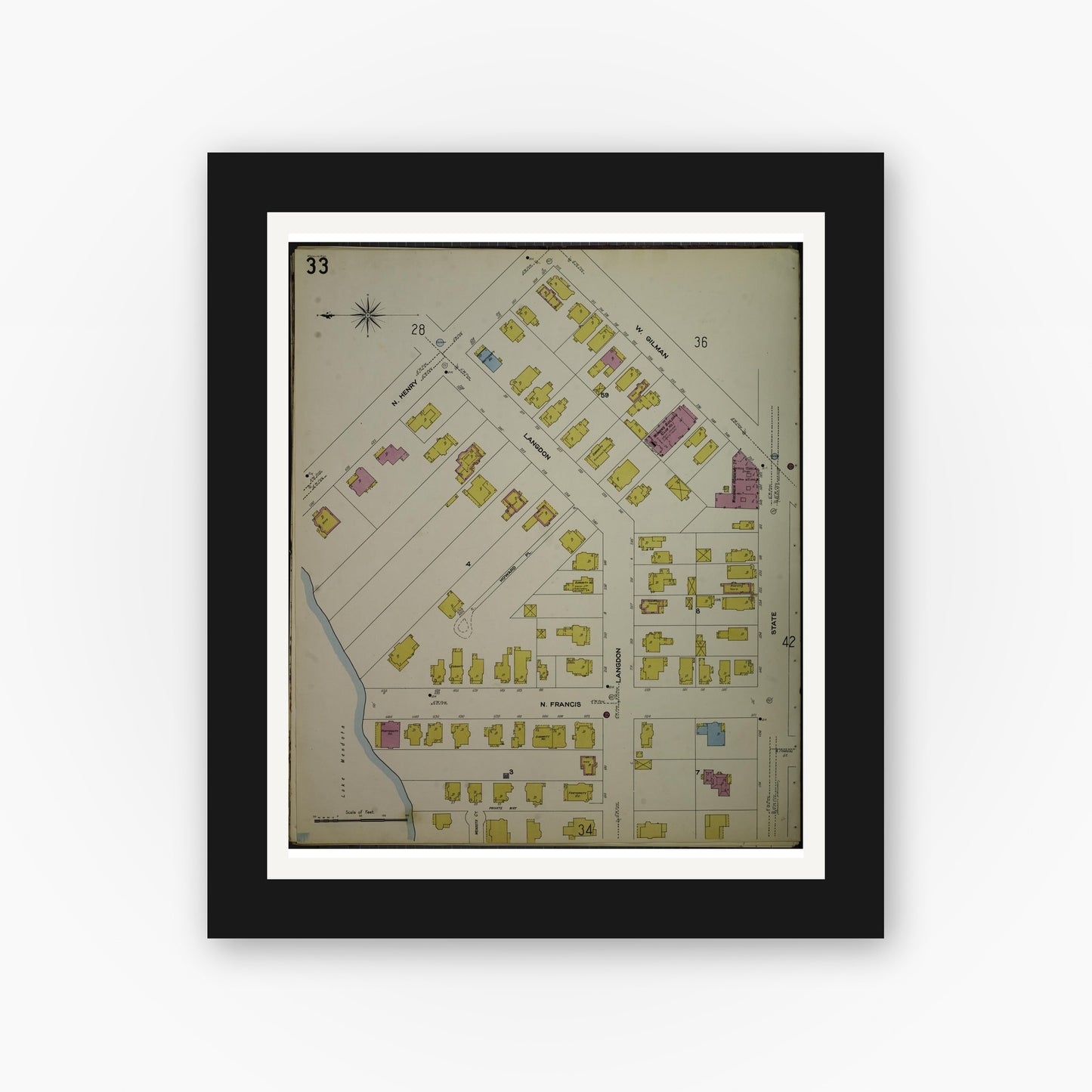 Old map wall art mockup — black gallery frame with white mat — Sanborn Fire Insurance Map from Madison, Dane County, Wisconsin (1908), Sheet #0033