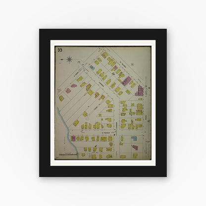 Old map wall art mockup — black gallery frame with white mat — Sanborn Fire Insurance Map from Madison, Dane County, Wisconsin (1908), Sheet #0033