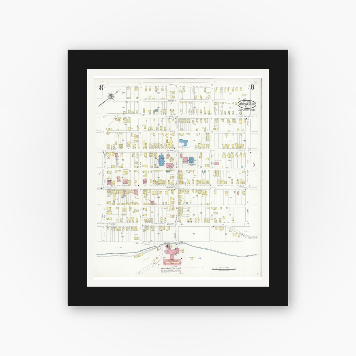 Old map wall art mockup — black gallery frame with white mat — Sanborn Fire Insurance Map from Mauch Chunk, Carbon County, Pennsylvania (1930), Sheet #0008