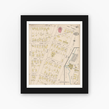 Old map wall art mockup — black gallery frame with white mat — Sanborn Fire Insurance Map from Marinette, Marinette County, Wisconsin (1921), Sheet #0027
