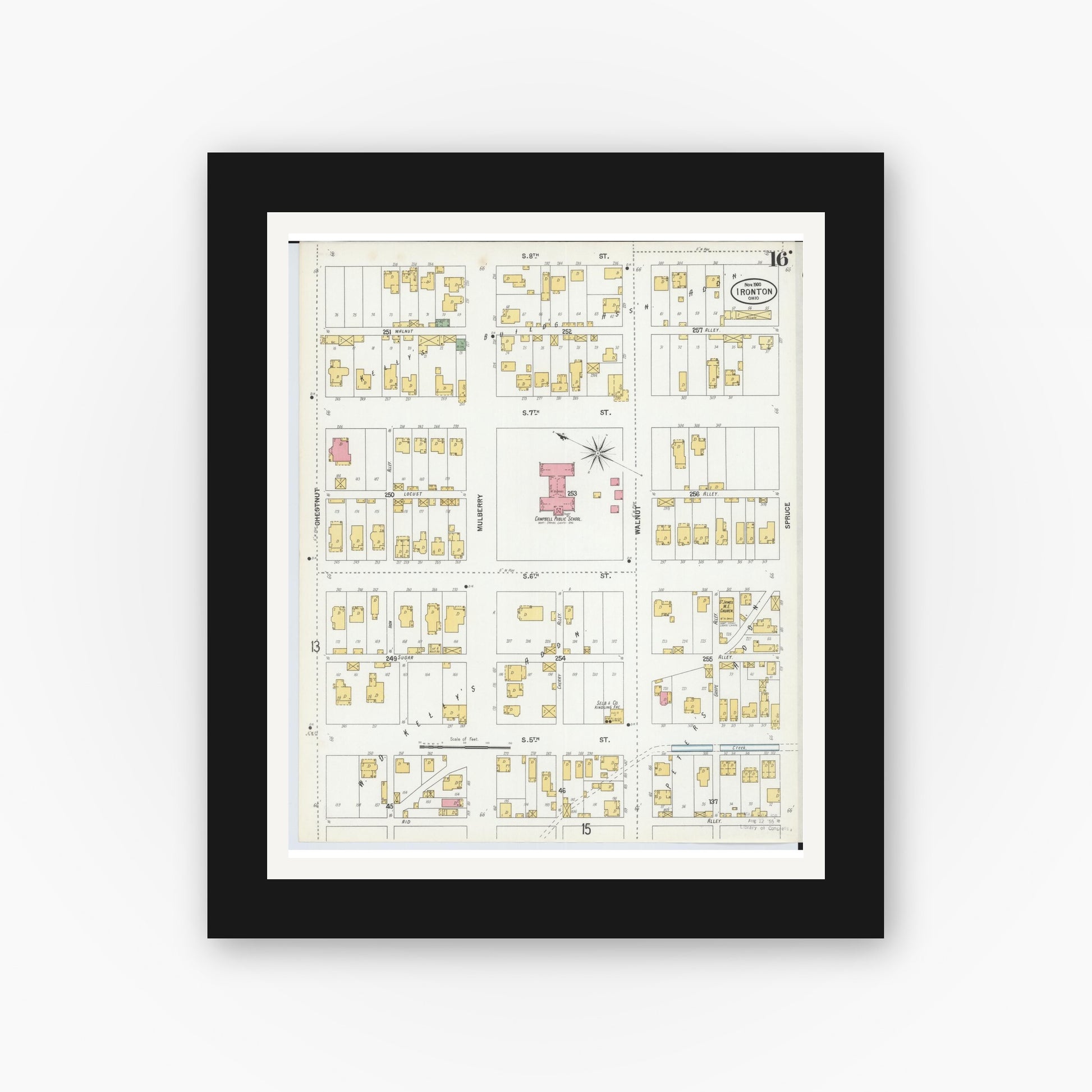 Old map wall art mockup — black gallery frame with white mat — Sanborn Fire Insurance Map from Ironton, Lawrence County, Ohio (1900), Sheet #0016