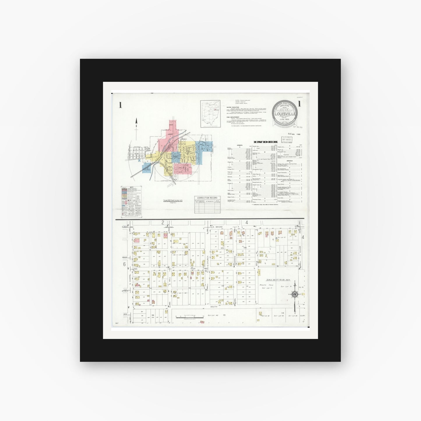 Old map wall art mockup — black gallery frame with white mat — Sanborn Fire Insurance Map from Louisville, Stark County, Ohio (1933), Sheet #0001