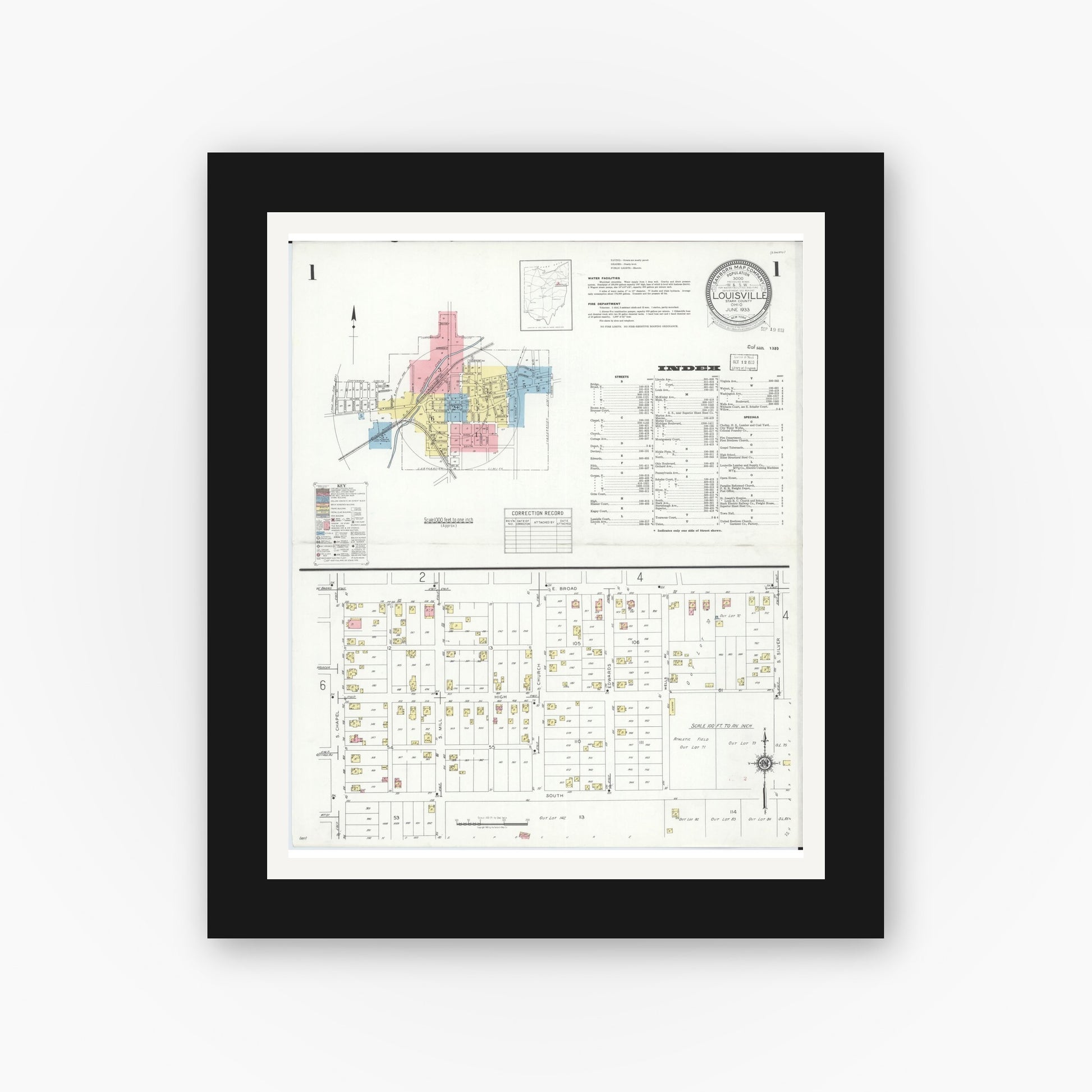 Old map wall art mockup — black gallery frame with white mat — Sanborn Fire Insurance Map from Louisville, Stark County, Ohio (1933), Sheet #0001