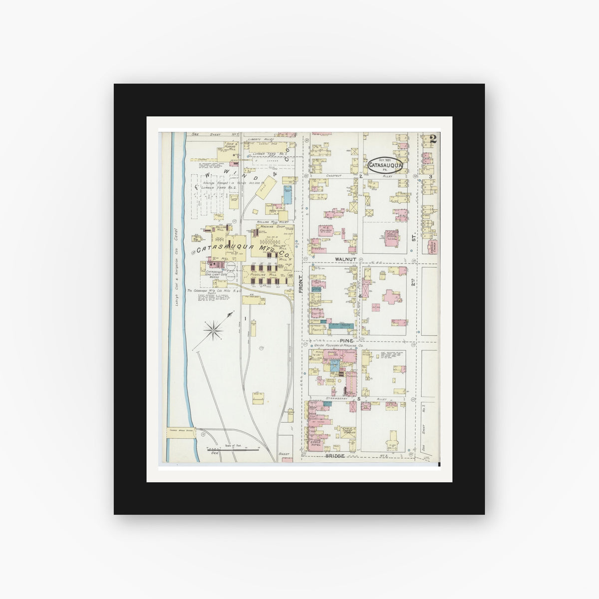 Old map wall art mockup — black gallery frame with white mat — Sanborn Fire Insurance Map from Catasauqua, Lehigh County, Pennsylvania (1891), Sheet #0002