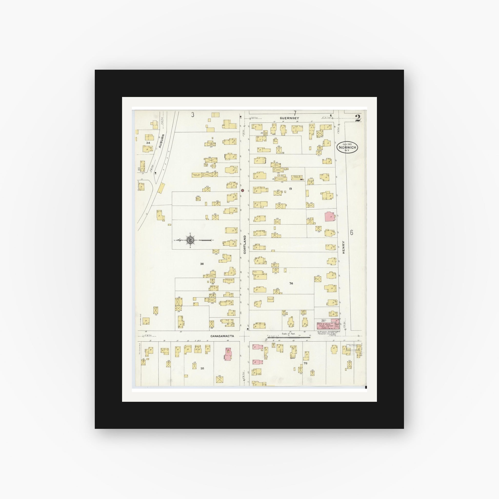 Old map wall art mockup — black gallery frame with white mat — Sanborn Fire Insurance Map from Norwich, Chenango County, New York (1910) - Complete Map Set