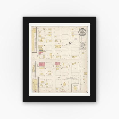 Old map wall art mockup — black gallery frame with white mat — Sanborn Fire Insurance Map from Atwater, Merced County, California (1914), Sheet #0001