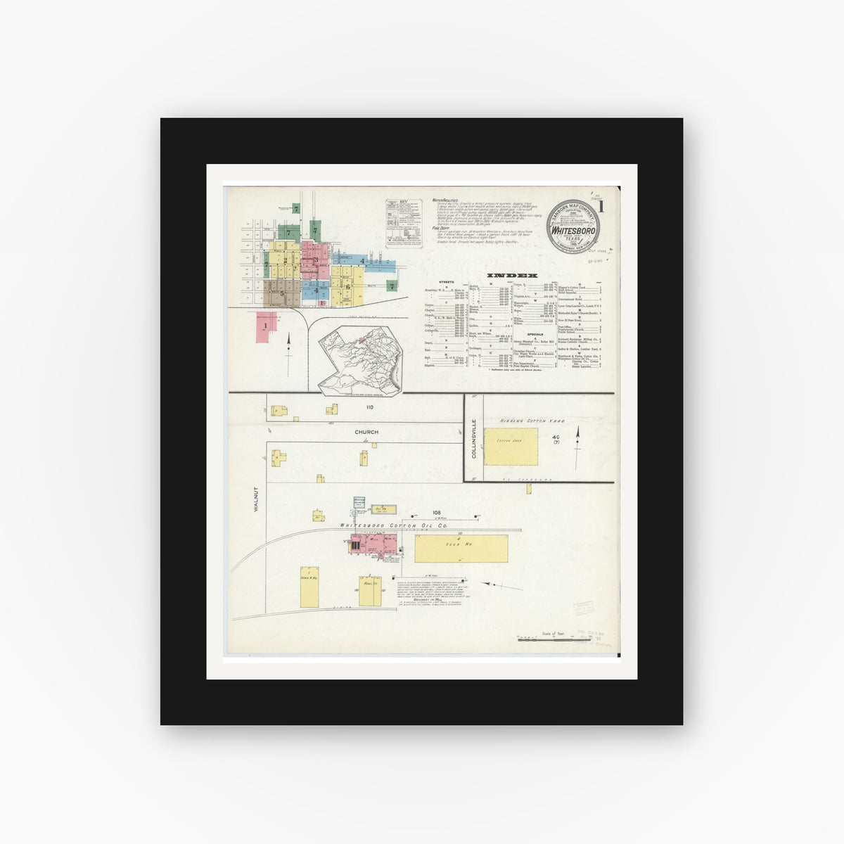 Old map wall art mockup — black gallery frame with white mat — Sanborn Fire Insurance Map from Whitesboro, Grayson County, Texas (1915), Sheet #0001