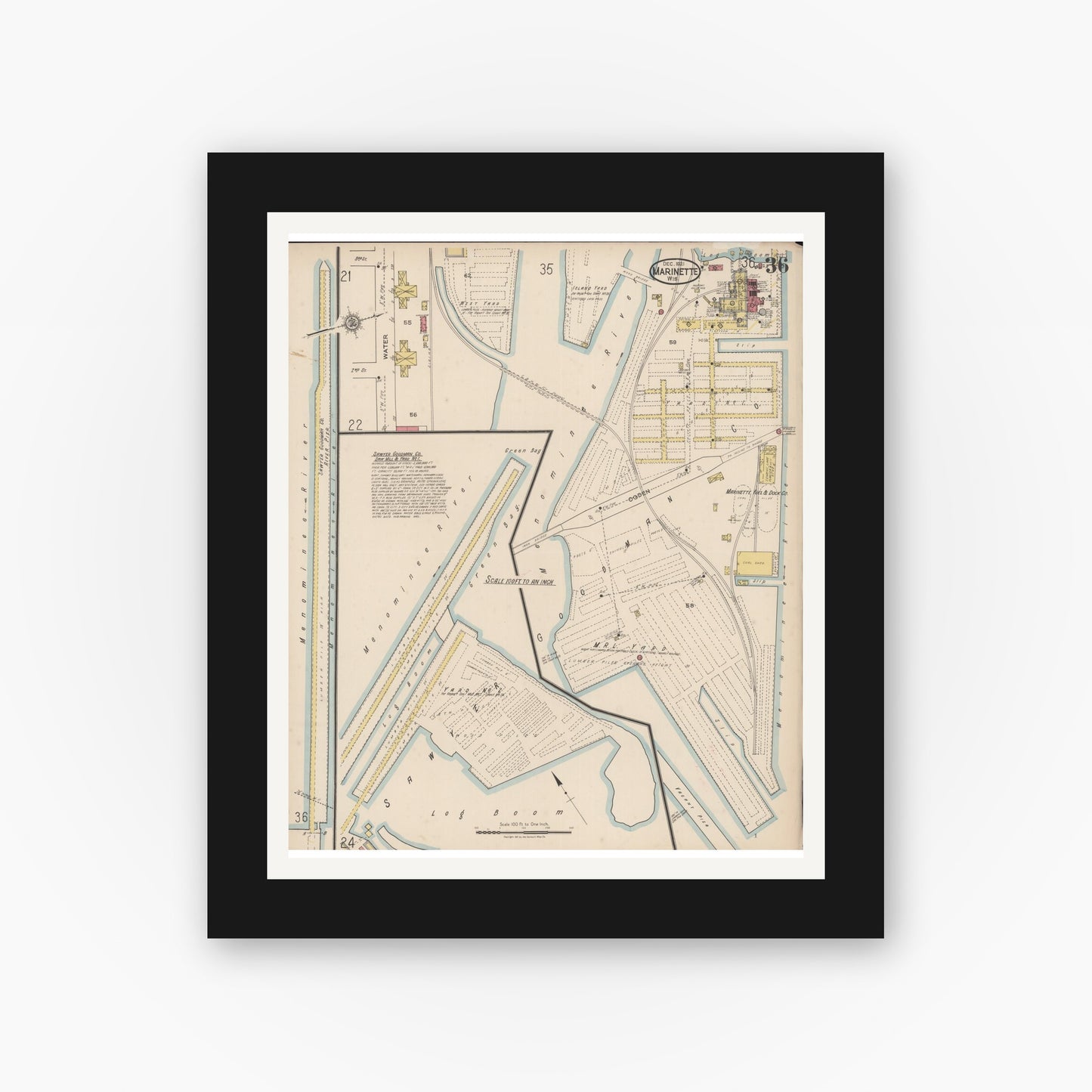 Old map wall art mockup — black gallery frame with white mat — Sanborn Fire Insurance Map from Marinette, Marinette County, Wisconsin (1921), Sheet #0036