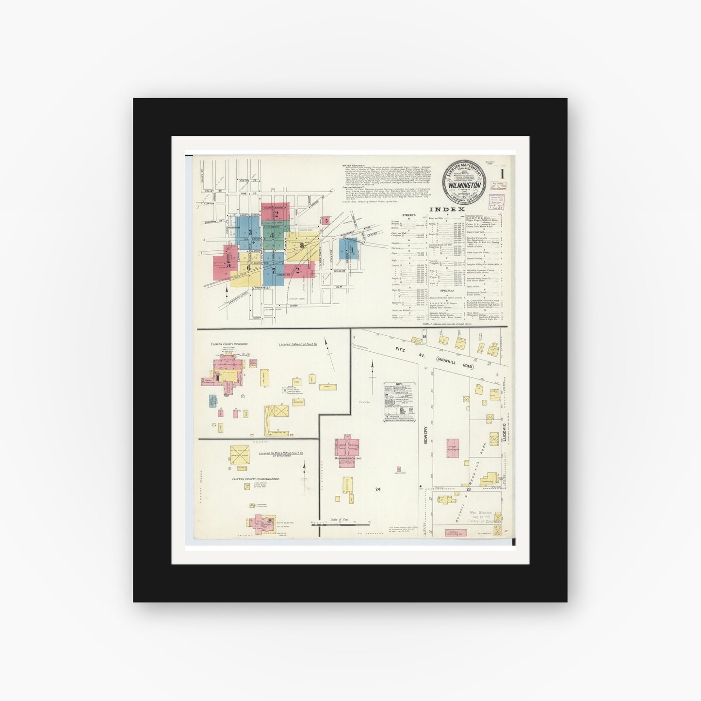 Old map wall art mockup — black gallery frame with white mat — Sanborn Fire Insurance Map from Wilmington, Clinton County, Ohio (1907), Sheet #0001