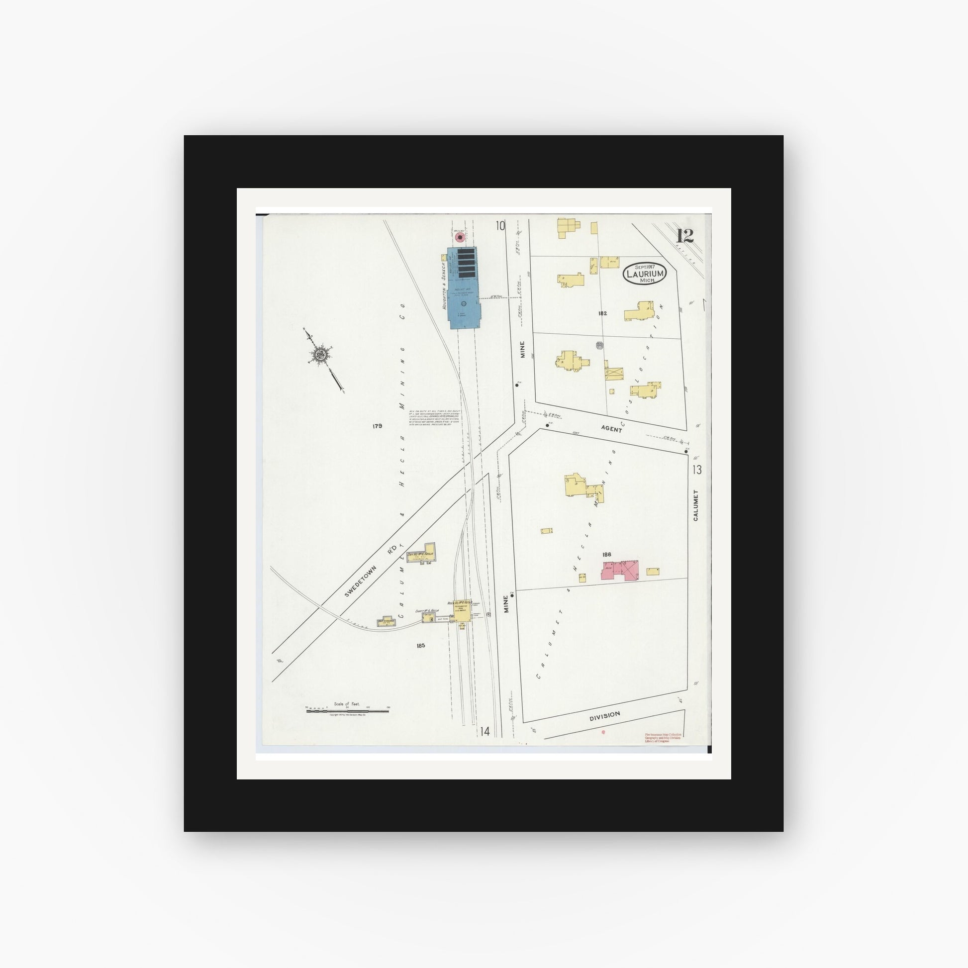 Old map wall art mockup — black gallery frame with white mat — Sanborn Fire Insurance Map from Laurium, Houghton County, Michigan (1917), Sheet #0012