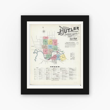Old map wall art mockup — black gallery frame with white mat — Sanborn Fire Insurance Map from Butler, Butler County, Pennsylvania (1896) - Complete Map Set